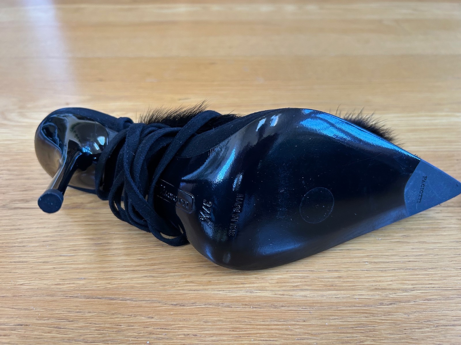 CESARE PACIOTTI Black Suede Pom-Pom Fur Tassels Sandals SZ 7.5 IT 37.5 Excellent