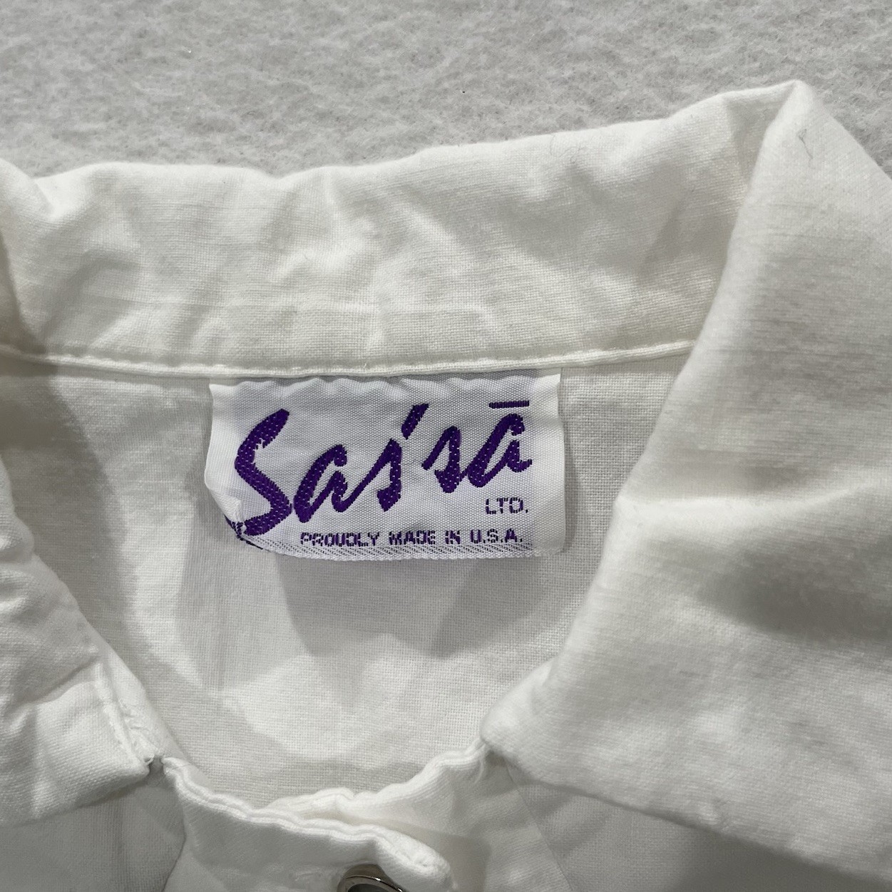 Vintage Sas’sa White Cotton Blend Crop Shirt Shoulder Pads Women Cowgirl USA