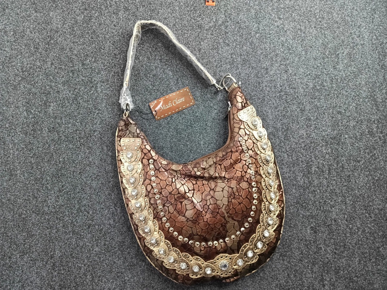 Madi Claire Brown Metallic Mosaic Hobo Shoulder Bag with Crystal Accents