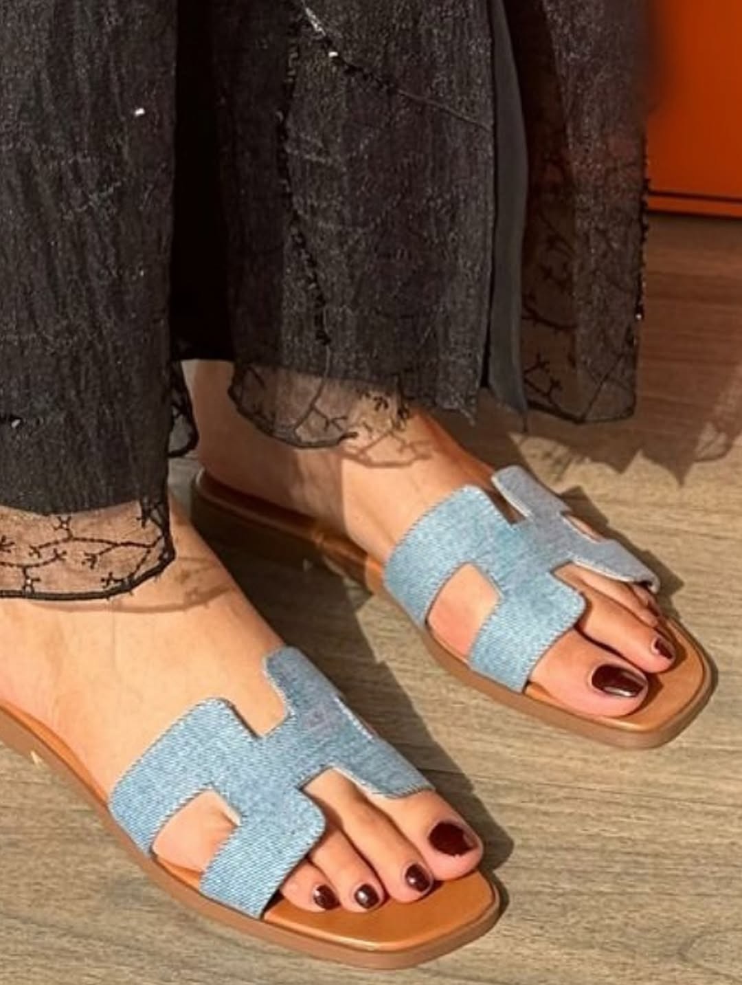 HERMES Oran Flats Light Blue Denim Leather Sole Summer Casual Slides EU 40-US 9