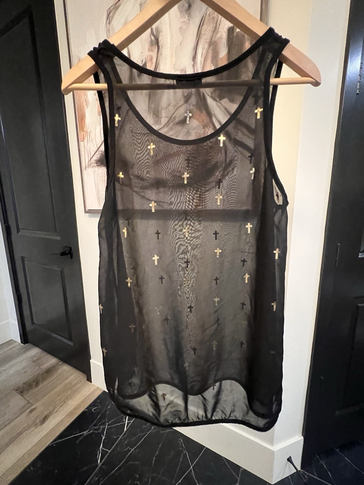 Vocal Sheer Mesh Tank Top Black Gold Cross Print Sleeveless Goth Grunge Size M