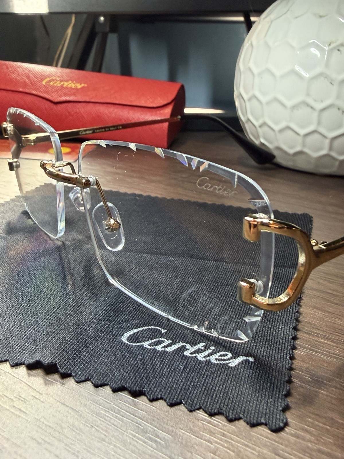 Cartier Diamond Cut Clear Frameless Lens Gold Frame Lens Big Box Edition