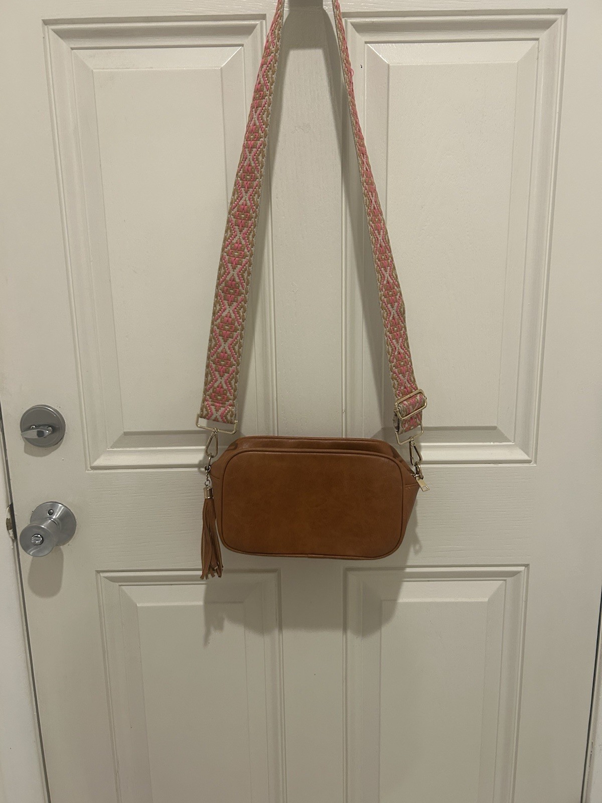 Brown Camera Crossbody Bag Pink Woven Guitar Strap Tassel Boho Purse