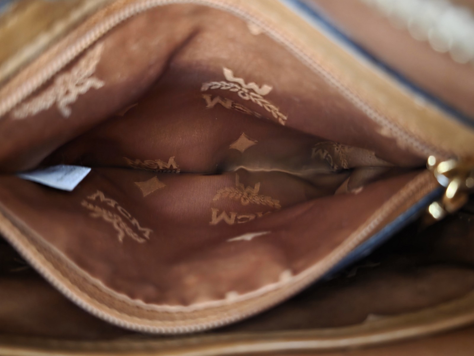 MCM Cognac Monogram Small Flat Shoulder Crossbody Bag AUTHENTIC