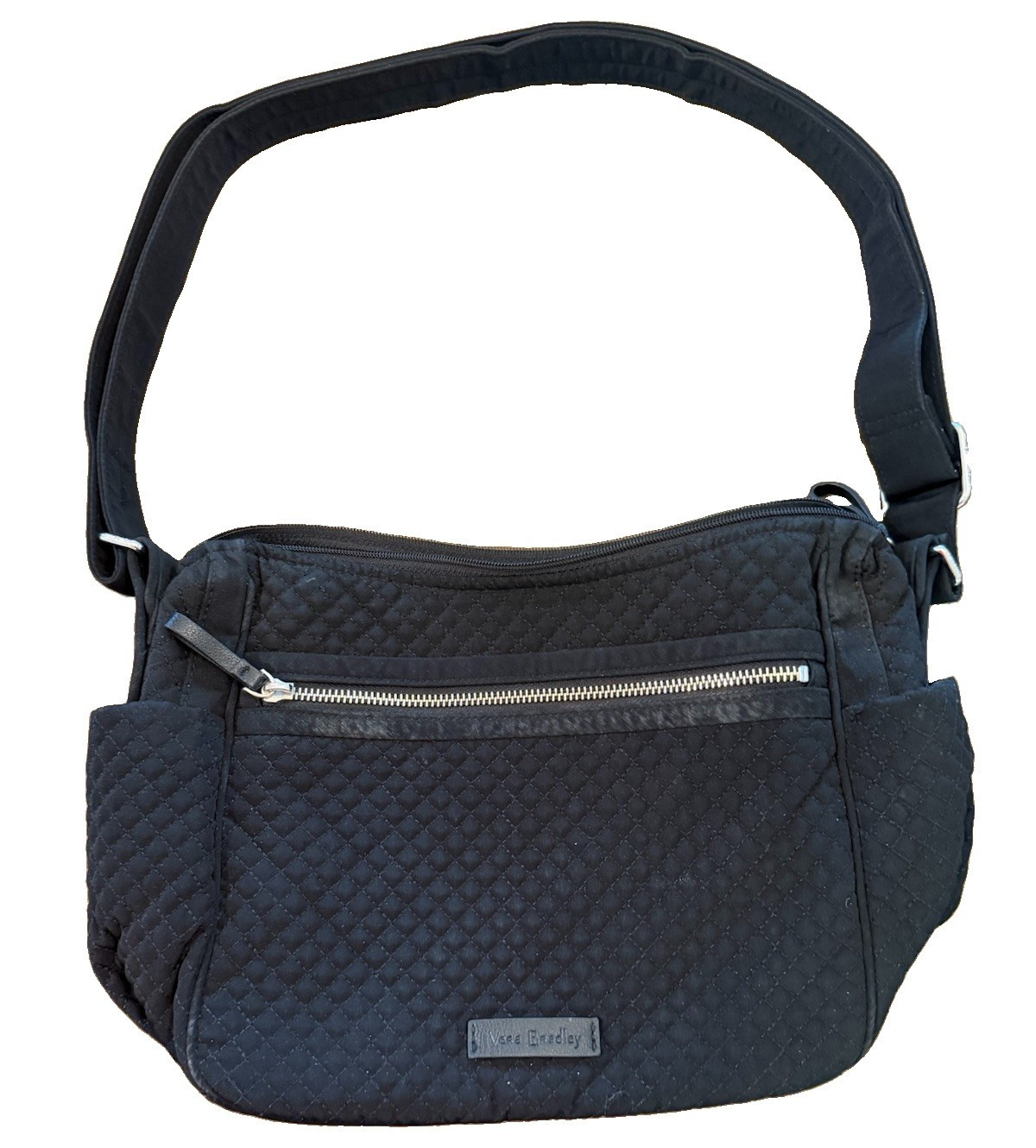 Vera Bradley Black Shoulder Bag Zip Top Silver Hardware Outer Pockets