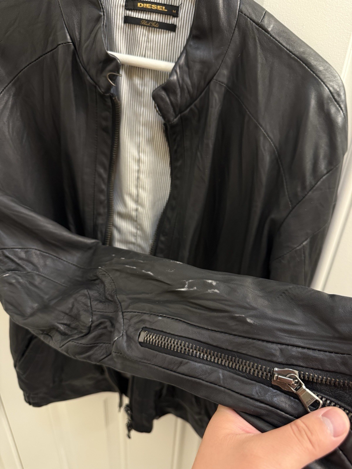 Diesel Black Gold Men’s Biker Style Black Leather Zip Jacket M