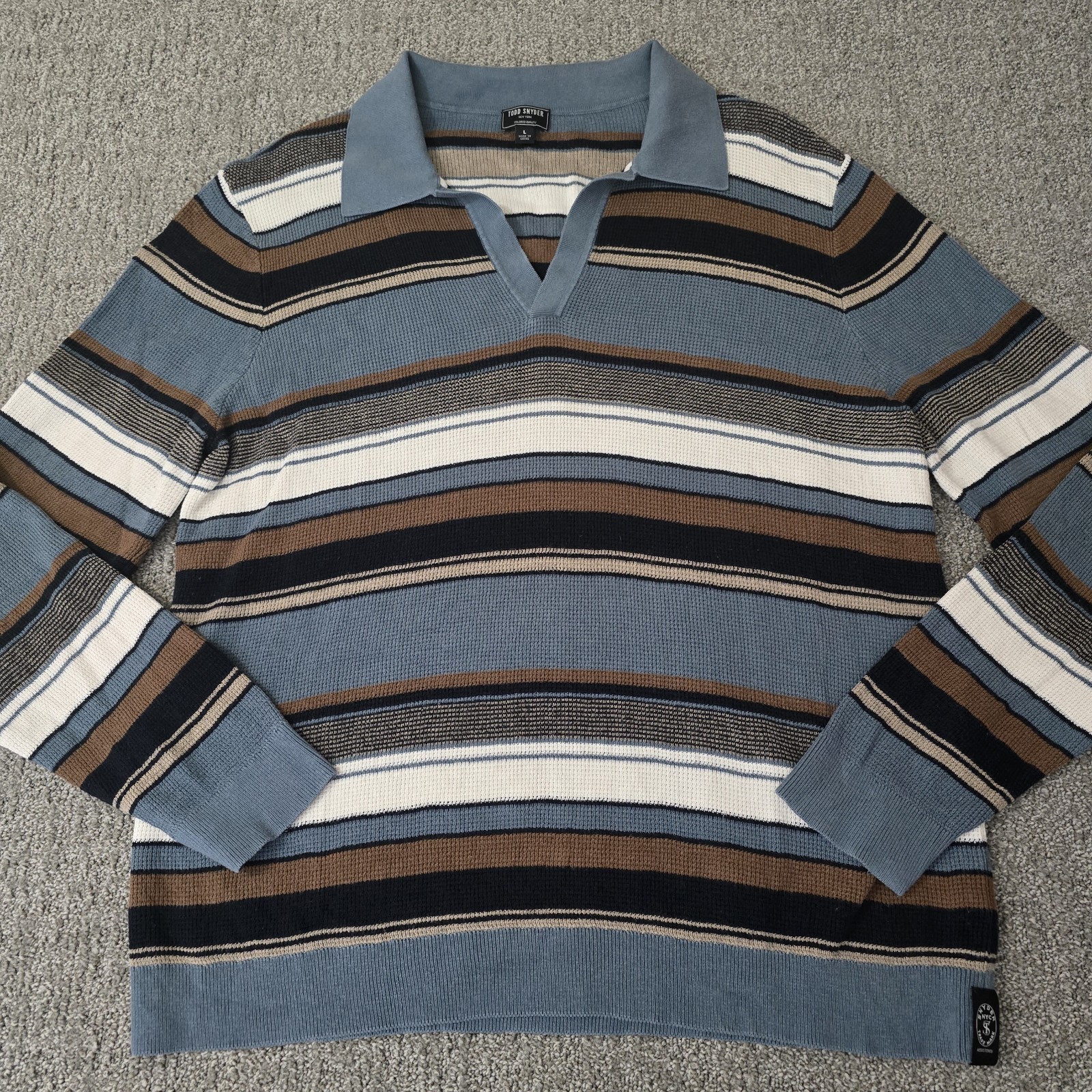Todd Snyder Sweater Mens L Blue Striped Knit Collared Silk Cotton Pullover