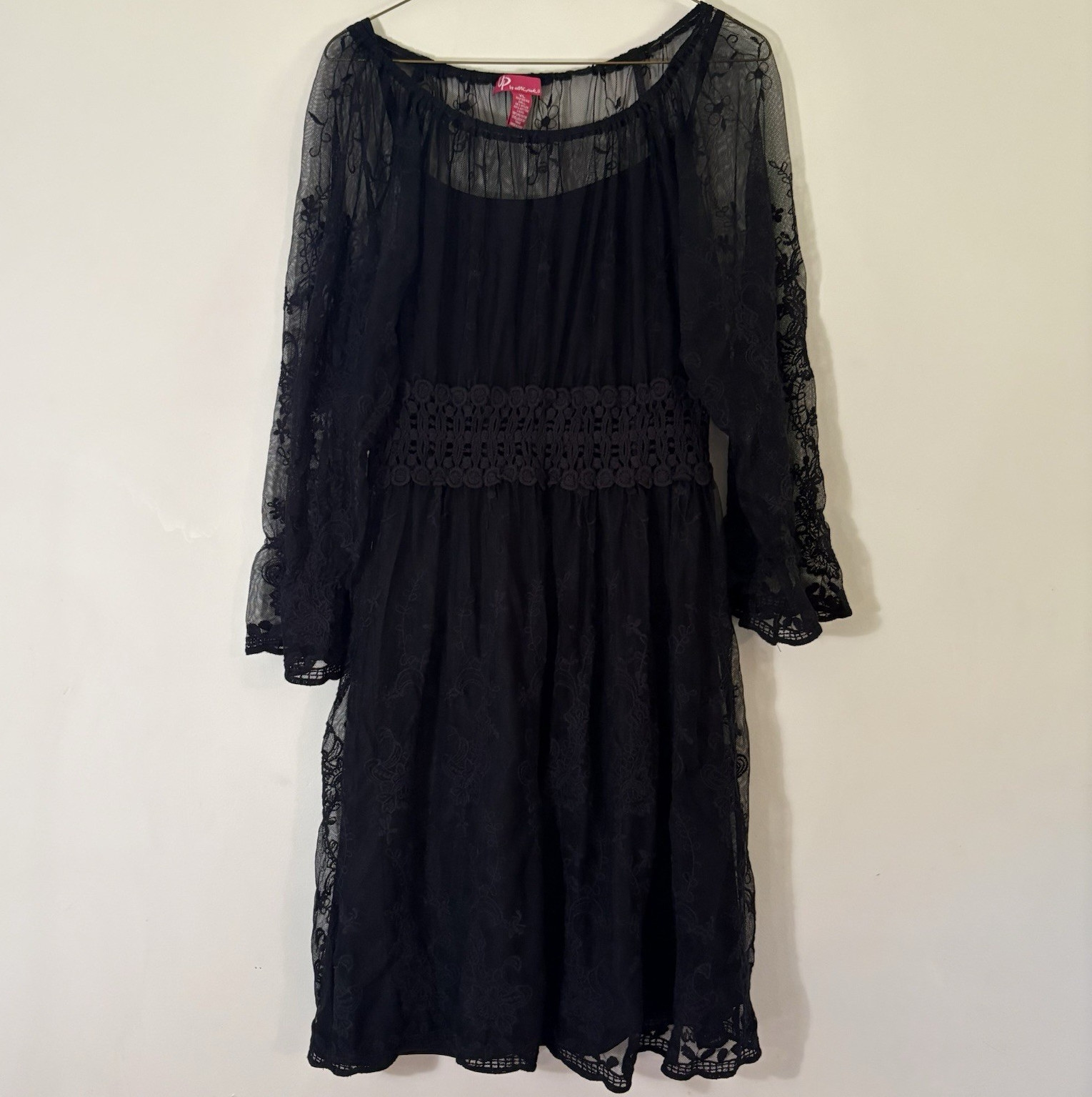 Women’s Black Floral Lace Lined Shirt Dress XL Knee Length Long Sleeve Goth
