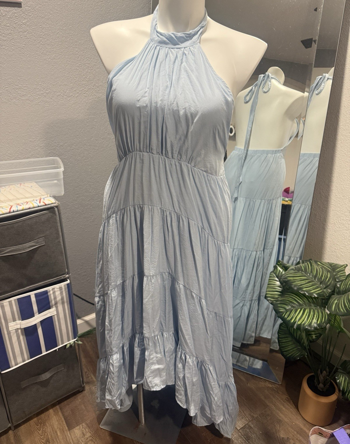 Lulus Blue Halter Backless Tiered Tie-Back Maxi Dress XL Regular