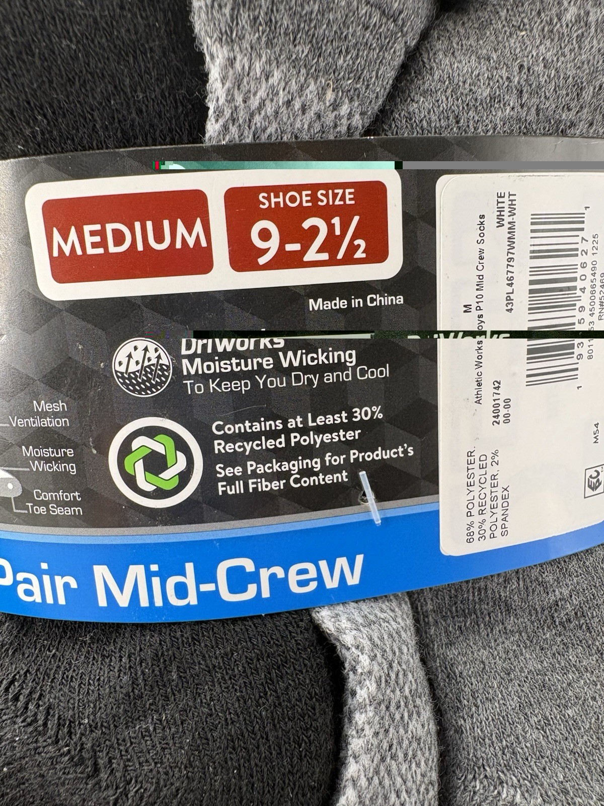Athletic Works Boys Mid-Crew Socks 10 Pack New Sealed Youth Shoe Size 9-2 1/2