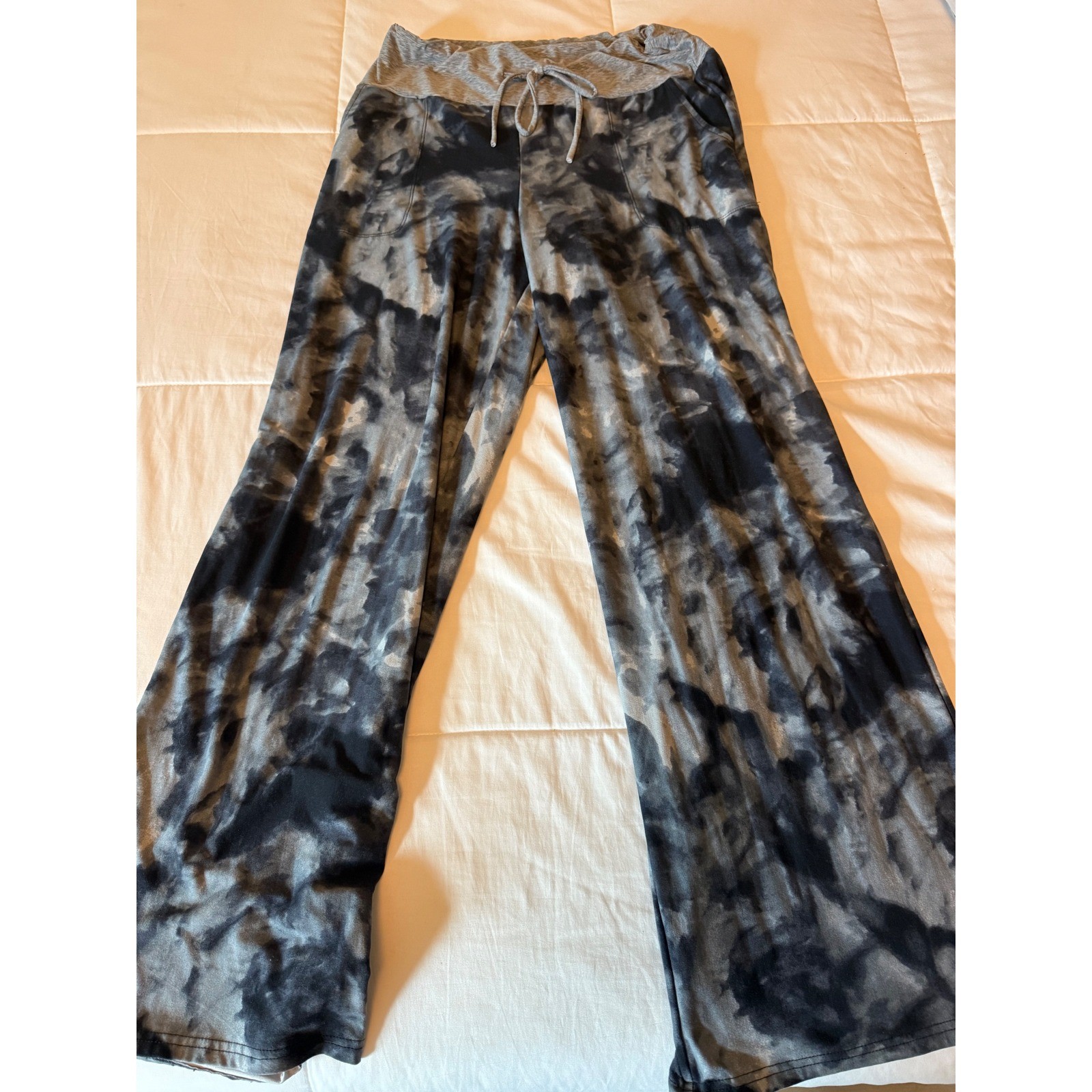 Gray Black Tie Dye Wide Leg Lounge Pants Pajama XL Drawstring Foldover Waist
