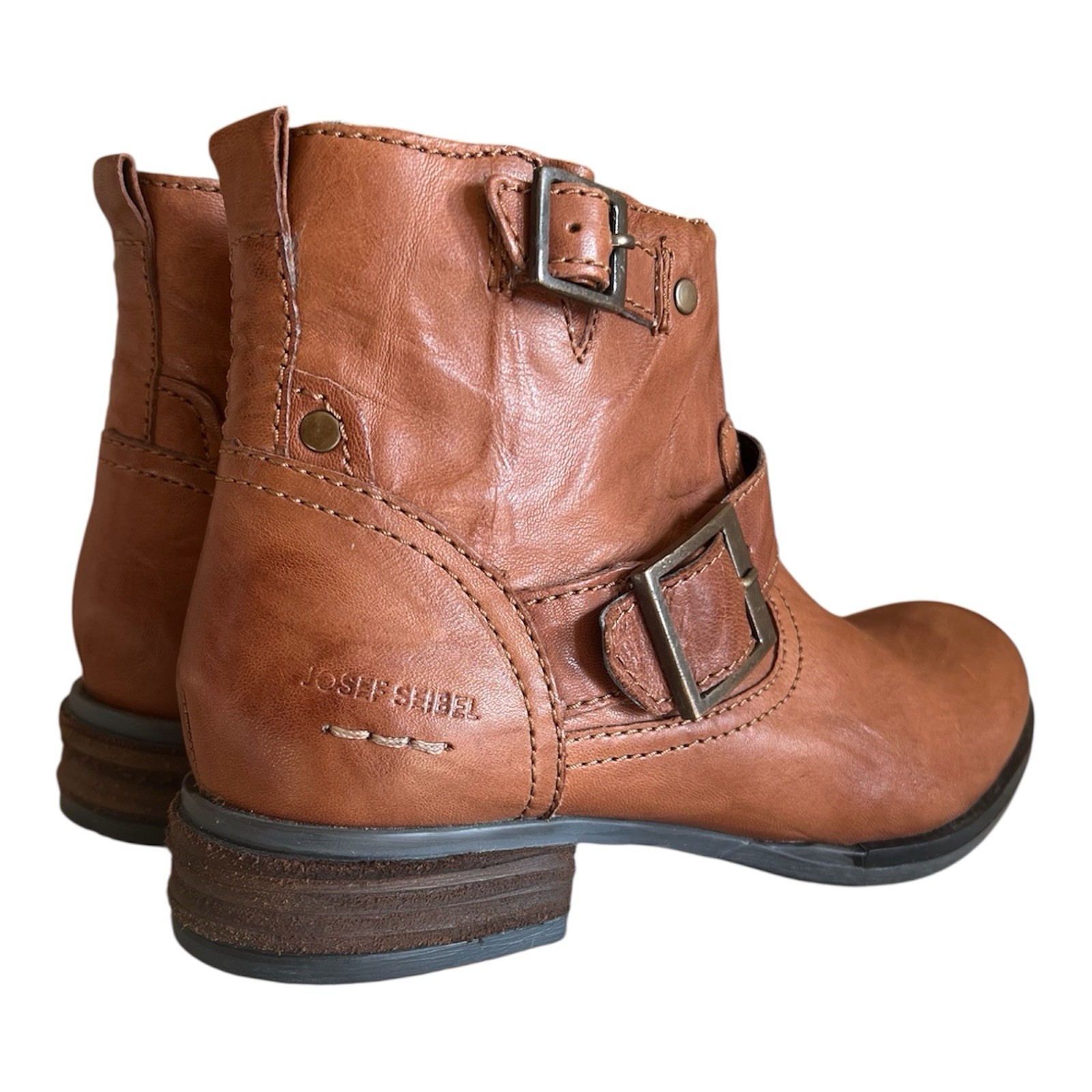 Josef Seibel Sanja 16 Buckle Leather Cognac/Brown Ankle Booties EU36, 37, 40 NEW