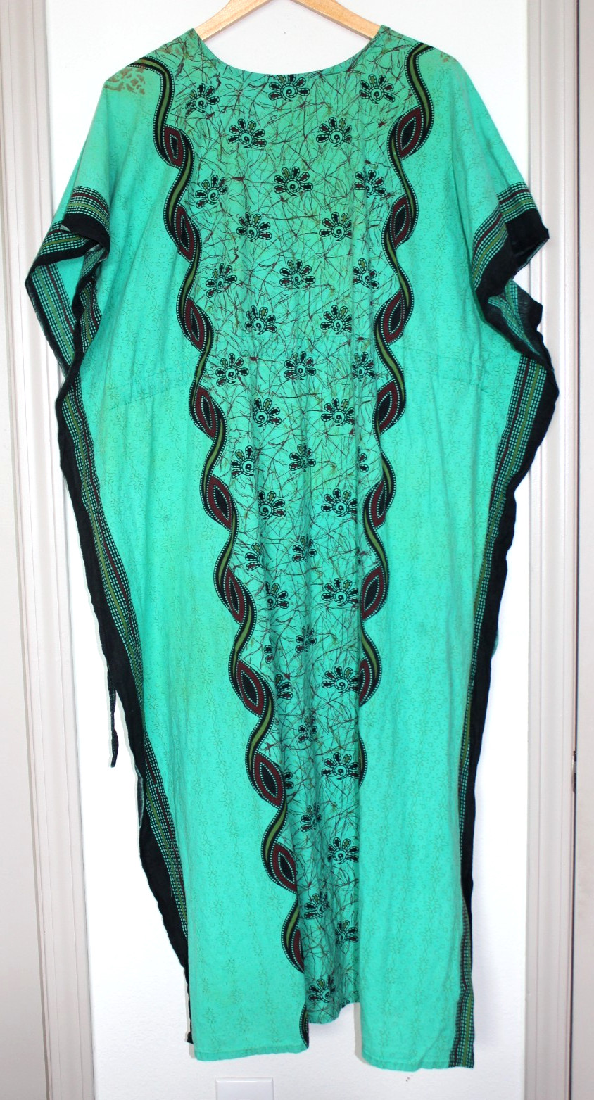 Vtg J Gee Batik Kaftan Dress Womens One Size Kelly Green Cotton Boho Cover Up