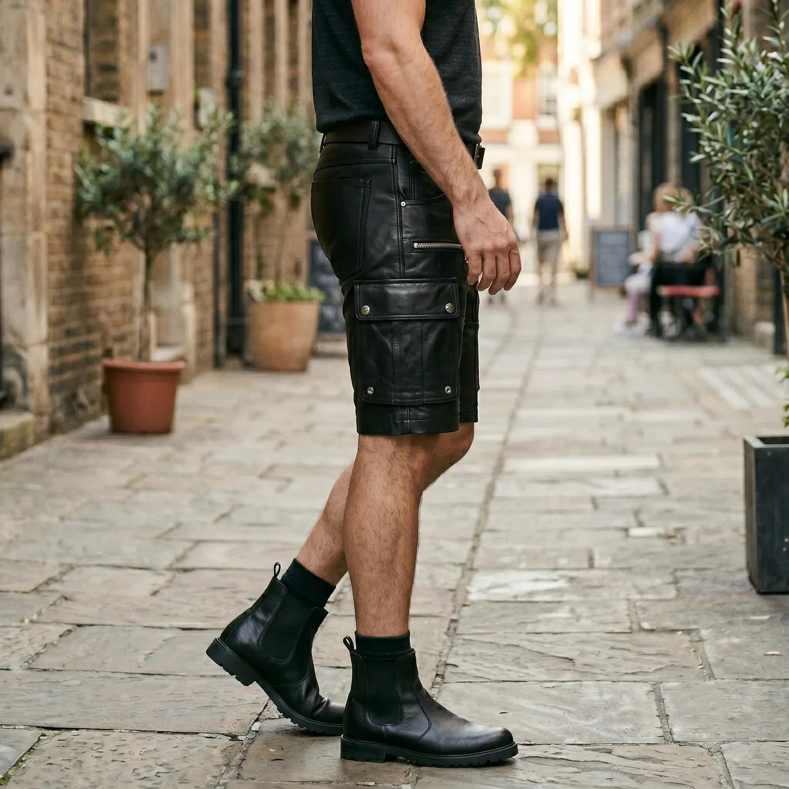 Utility Cargo Leather Shorts Men Black Genuine Sheepskin Zip Pocket Biker Soft