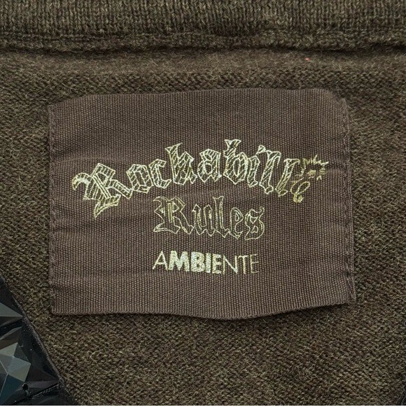 Rockabilly Rules Ambiente 100% Wool Brown Black Beaded Collar Cardigan Rodeo L
