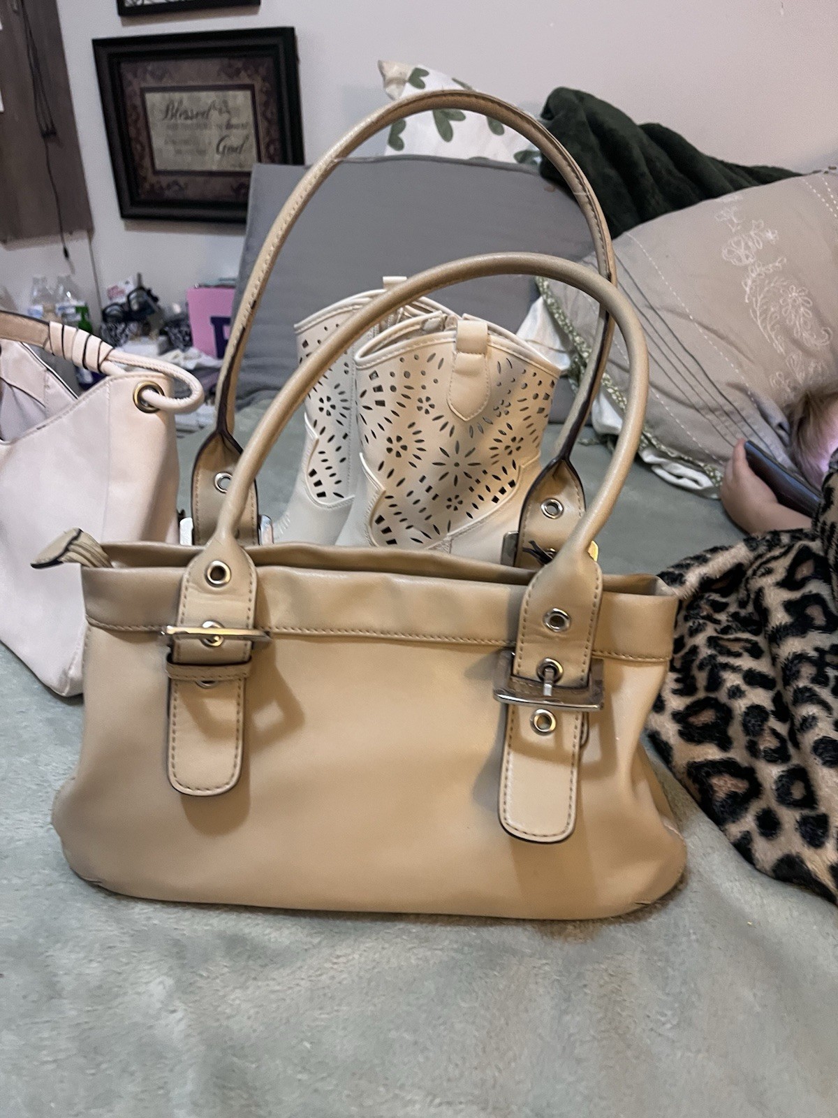 Beige Solid Satchel Top Handle Bag Double Handles Buckle Accent. Super Cute!