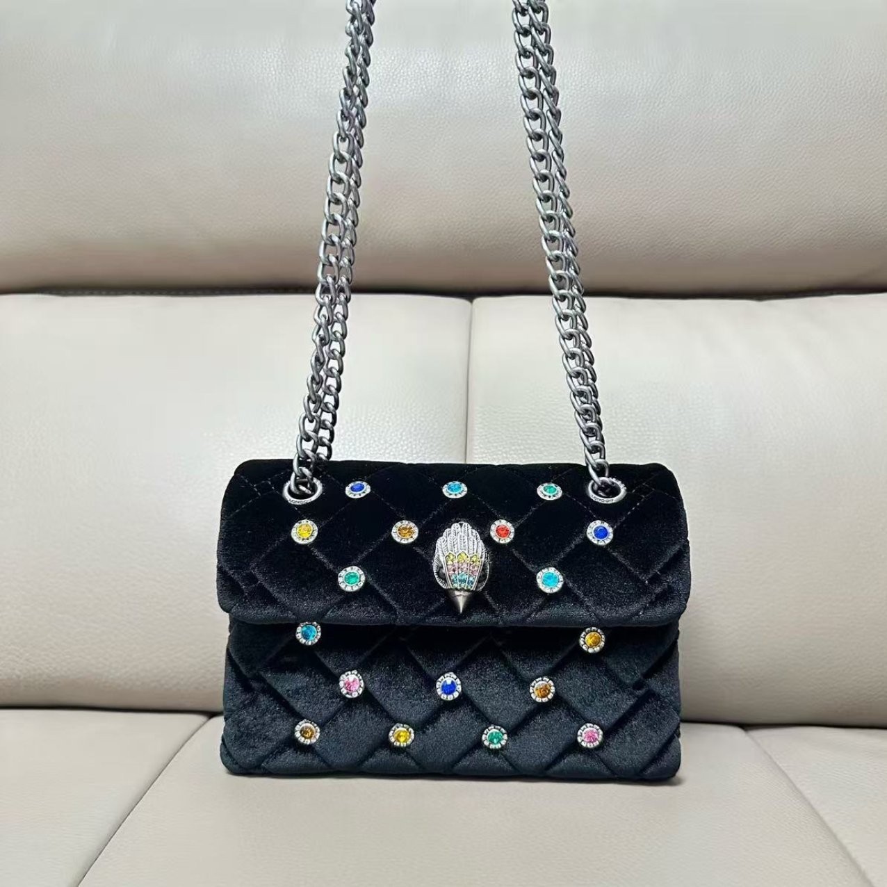 Kurt Geiger London Black Velvet Quilted Crossbody Bag Crystal Eagle 20×8×15cm