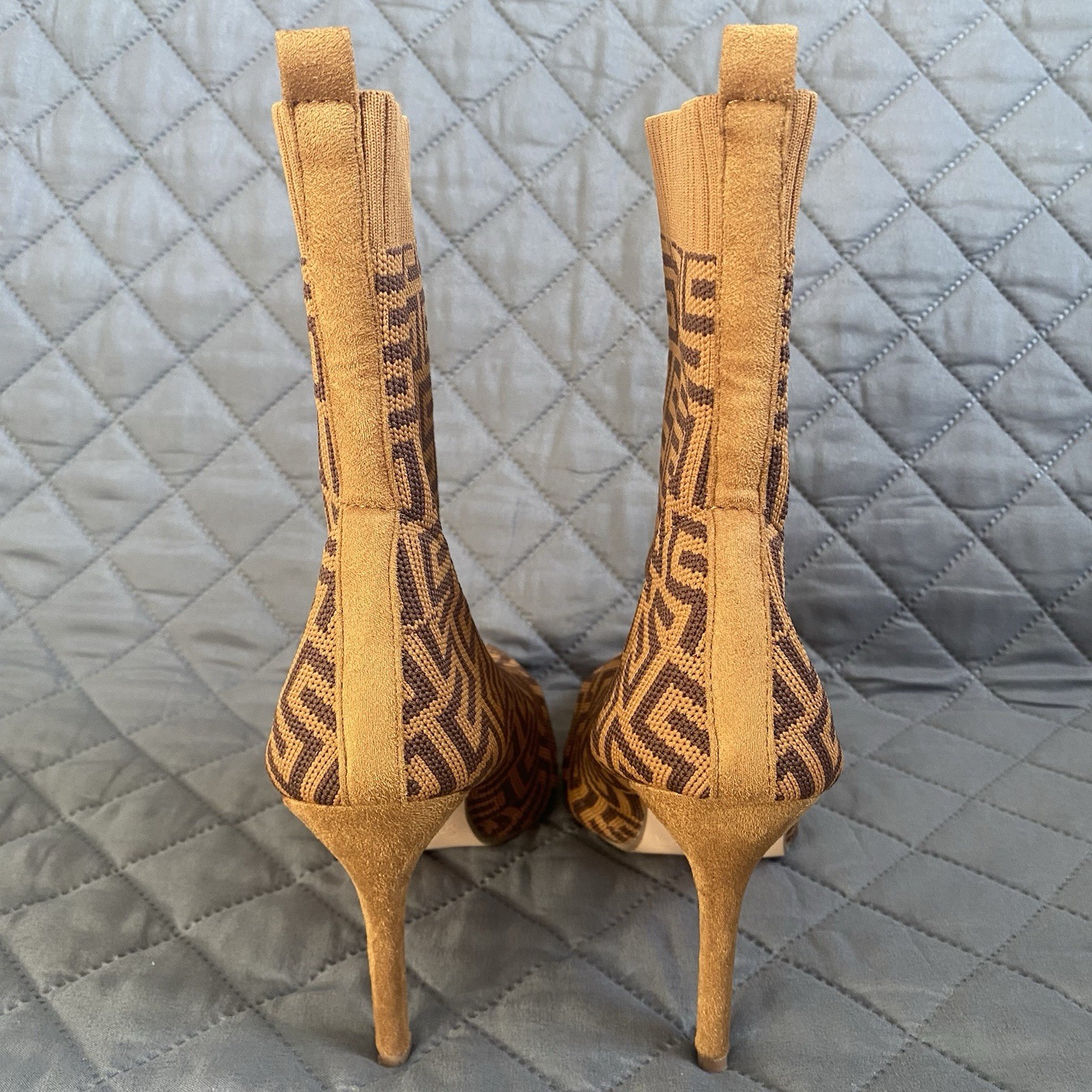 C. Malandrino Monogram Logo Heeled Ankle Sock, Knit, Suede Tan/Brown Boot SZ 8.5
