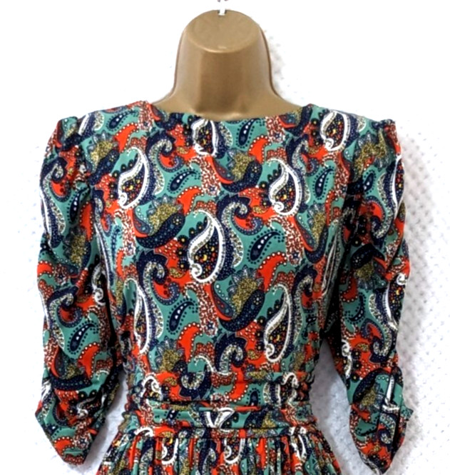 JOLIE MOI Green Multi Paisley Fit Flare Midi Dress UK 16 Ruched Sleeve Occasion