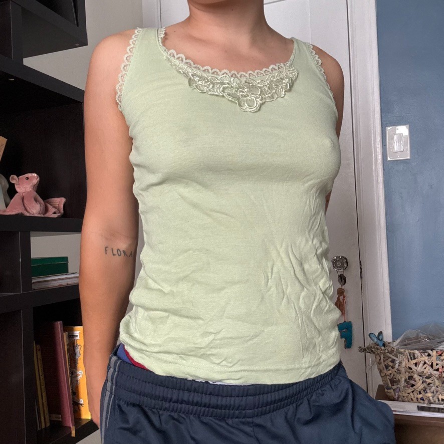 Light green y2k CSL cotton tank top with lace detailing fairy cottage sz. m