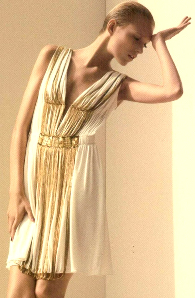 Alberta Ferretti 2008 Runway Gold Grecian Chain Embroidered Dress US 8 10 IT 46
