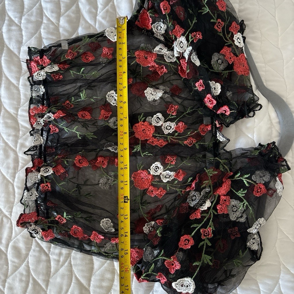Women’s Black Sheer Mesh Floral Embroidered Square Neck Puff Sleeve Crop Top XL