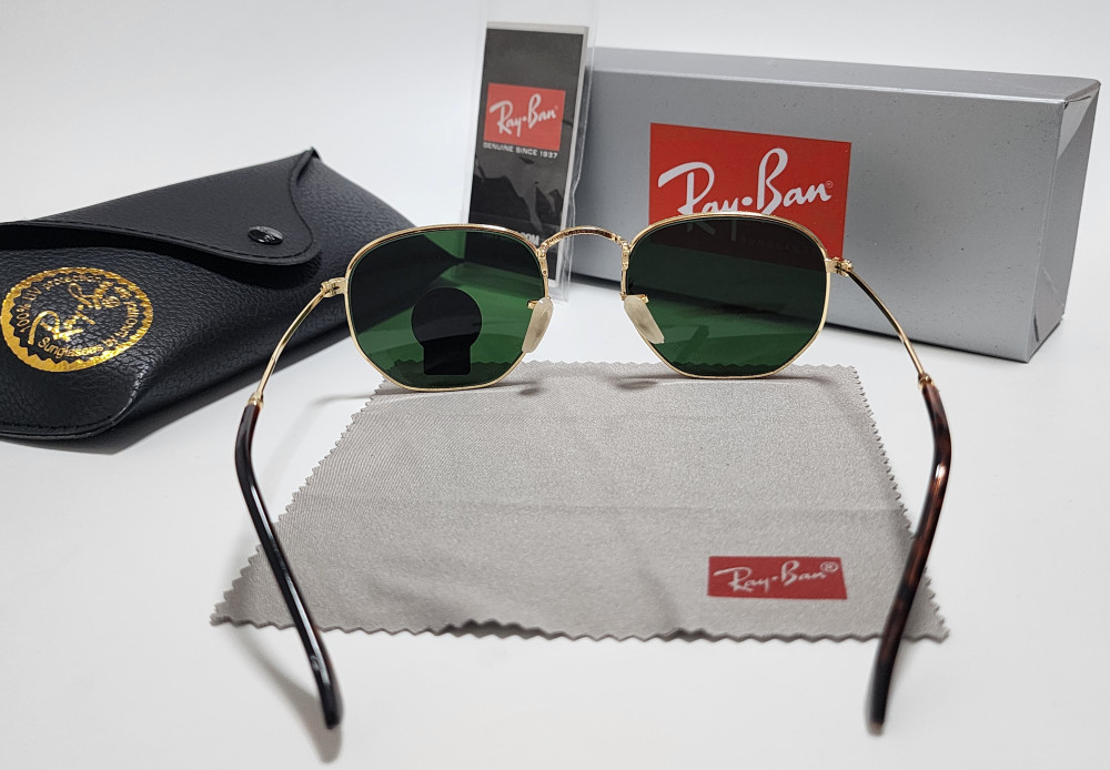 Ray-Ban RB3548N Hexagonal Sunglasses Gold Frame Glass Green Lens 51 mm