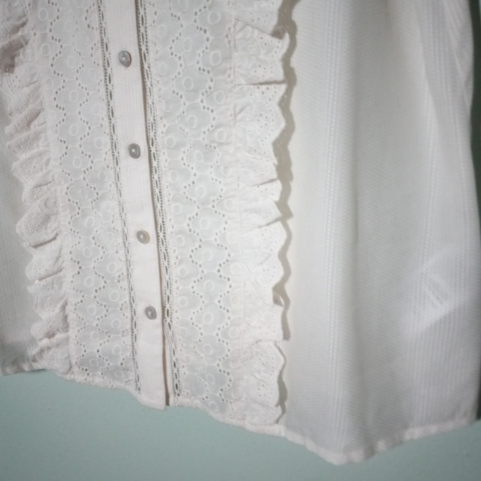 LOGO by Lori Goldstein Top Blouse size Small, Ivory Lace Eyelet Sheer Ruffle