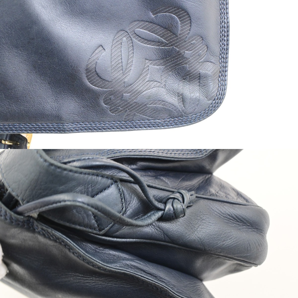 LOEWE Logo Drawstring Anagram Shoulder Bag Leather Navy Blue GHW Spain 83KD267