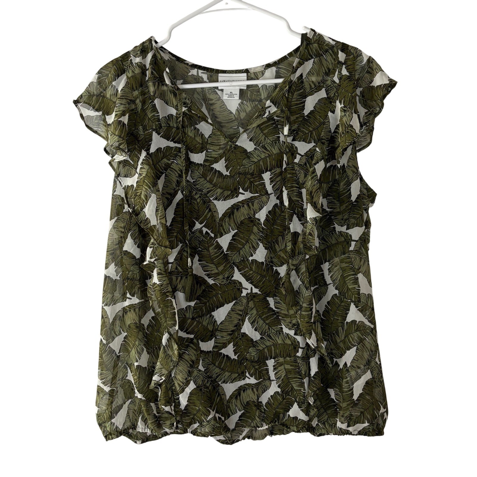 Liz Claiborne Green Palm Leaf Tropical Print Split Neck Layered Blouse XL