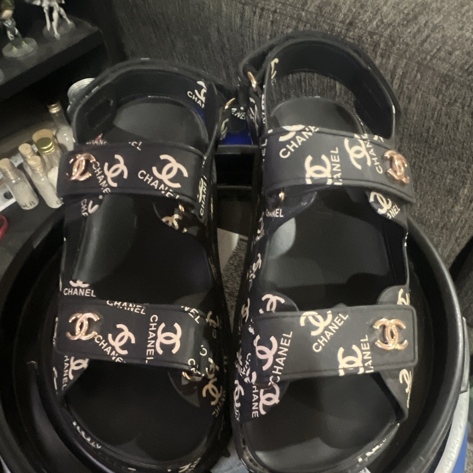 CHANEL Black Logo Rubber Strappy Ankle Sandals Hook & Loop EU 39 US 9