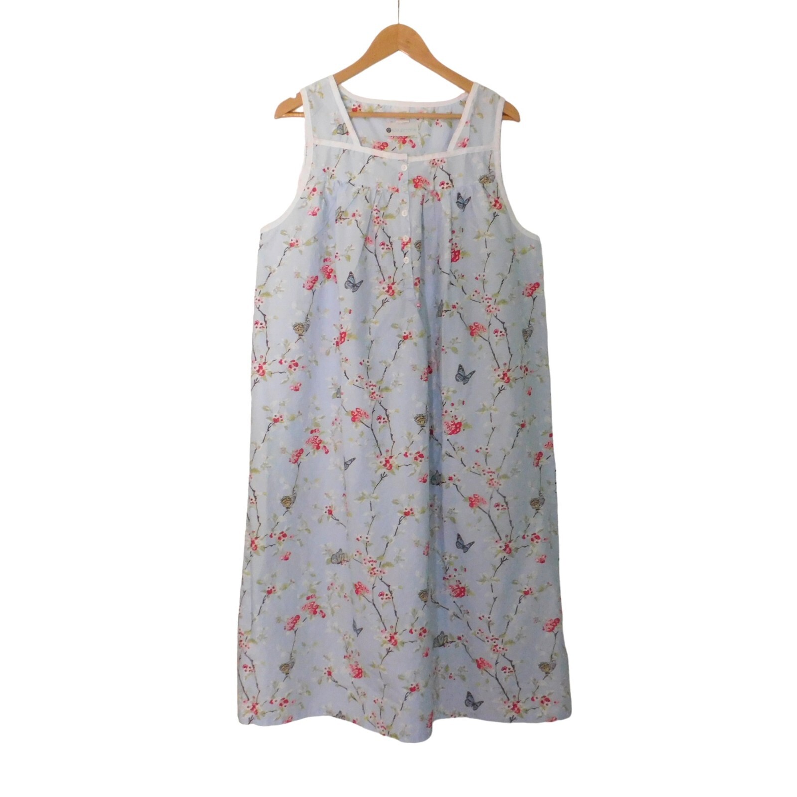 NEW Portuguese Cotton Nightgown Sleeveless Blue Floral Cotton Lawn Sz Large