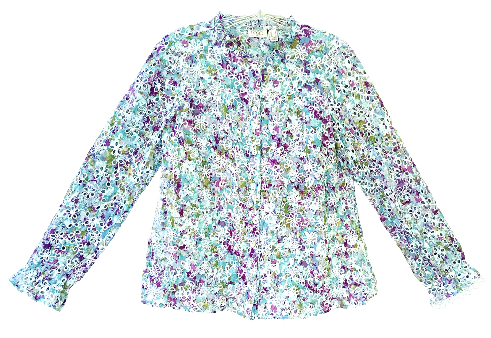 LOGO Size S Floral Lace Eyelet Cotton Gathered Long Sleeve Top Button-Up Women