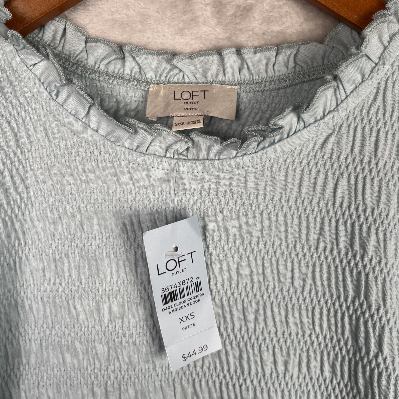 LOFT Smocked Top Puff Sleeve Petite XXS Light Blue Blouse Chic Feminine Coastal