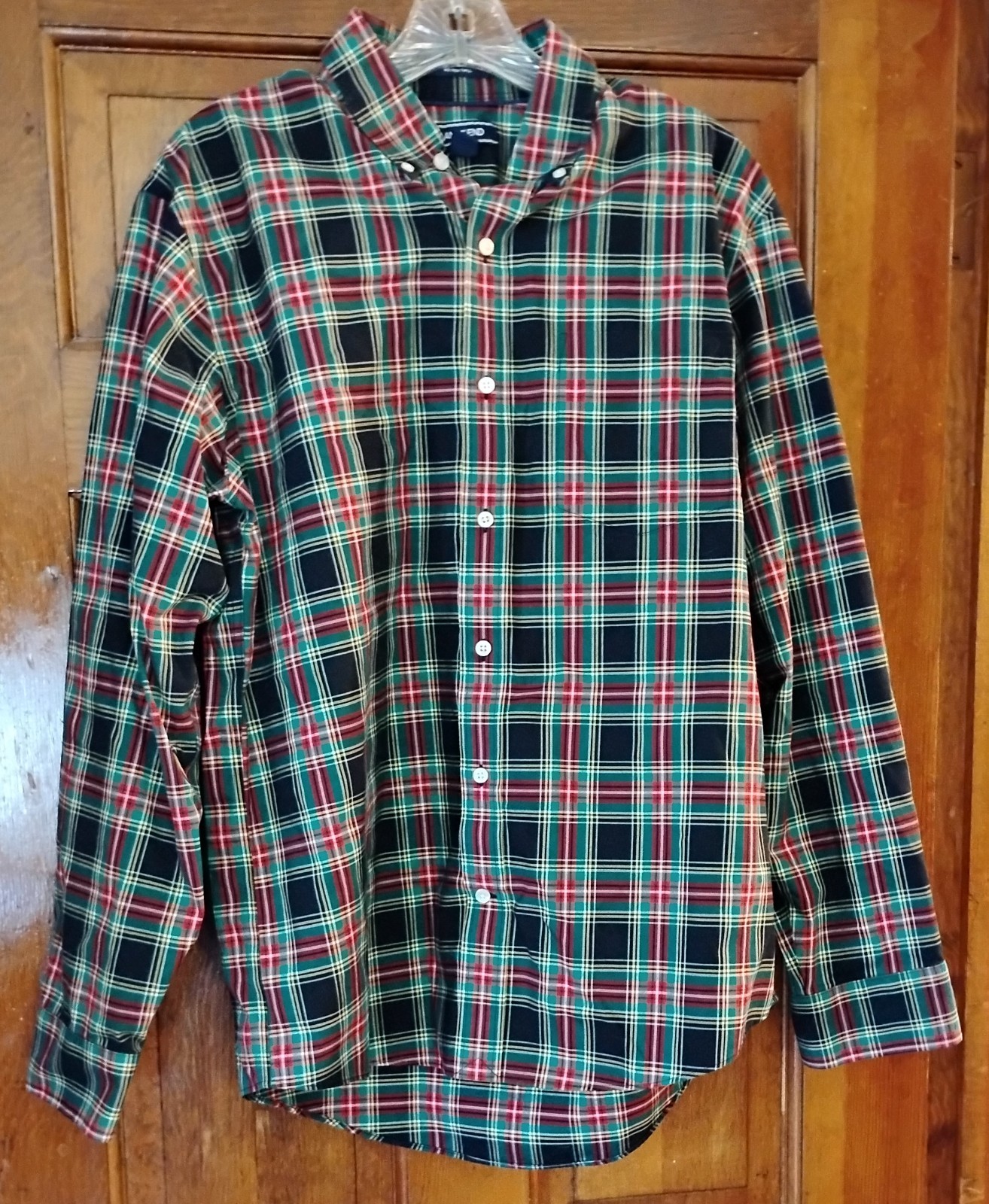 Lands End Men’s M 100%Cotton Black Green Red Yellow White Plaid ButtonDown Shirt
