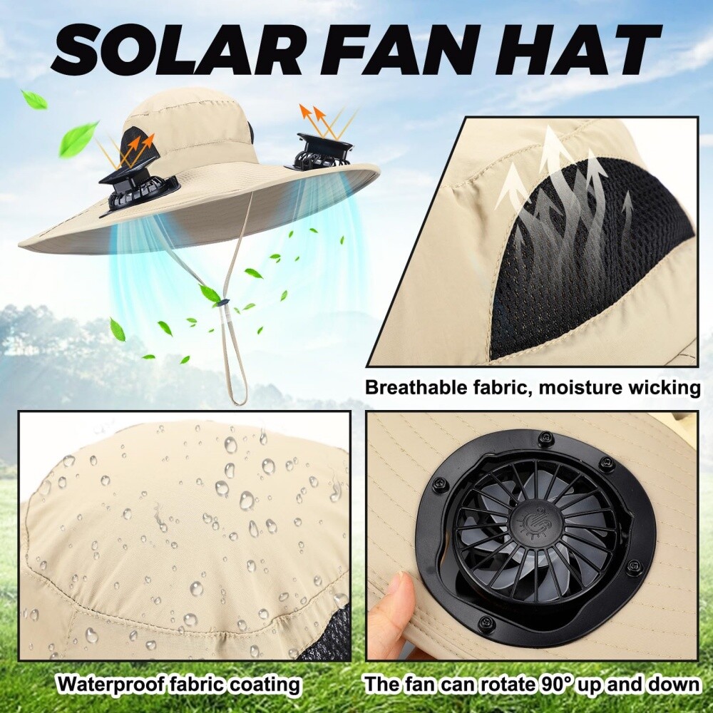 Wide Brim Sun Hat with Solar & USB Fan UPF50+ UV Protection for Fishing & Campin