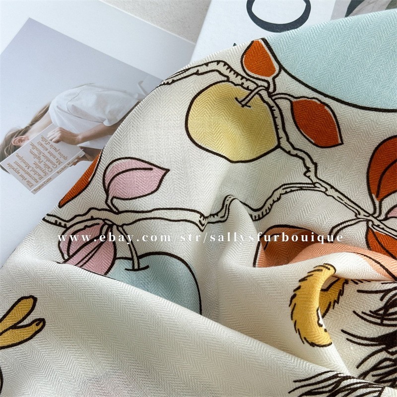 Sallys 70% Cashmere 30% Silk Wrap Scarf Apple Trees Print 2 Face Shawl 53″ Cream