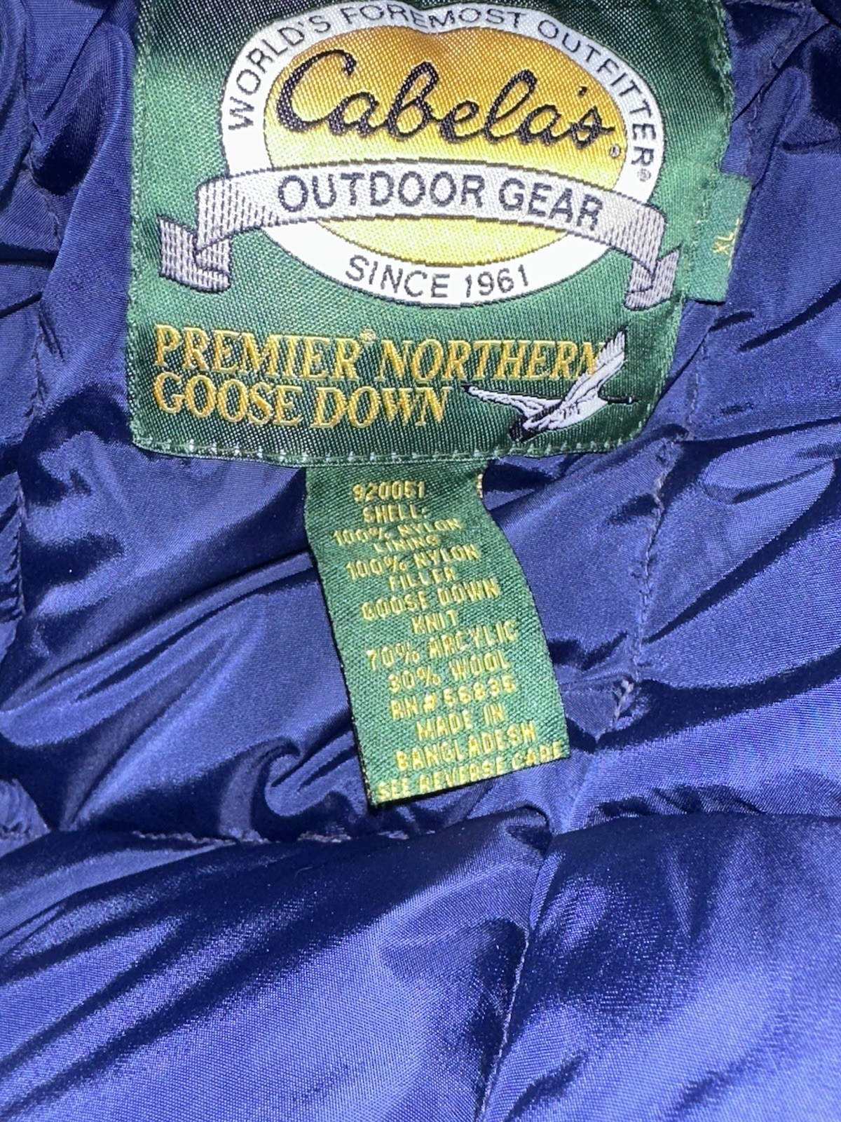 Cabela’s Men’s Blue Goose Down Insulated Vest, Stand-Up, Full Zip, L 44″