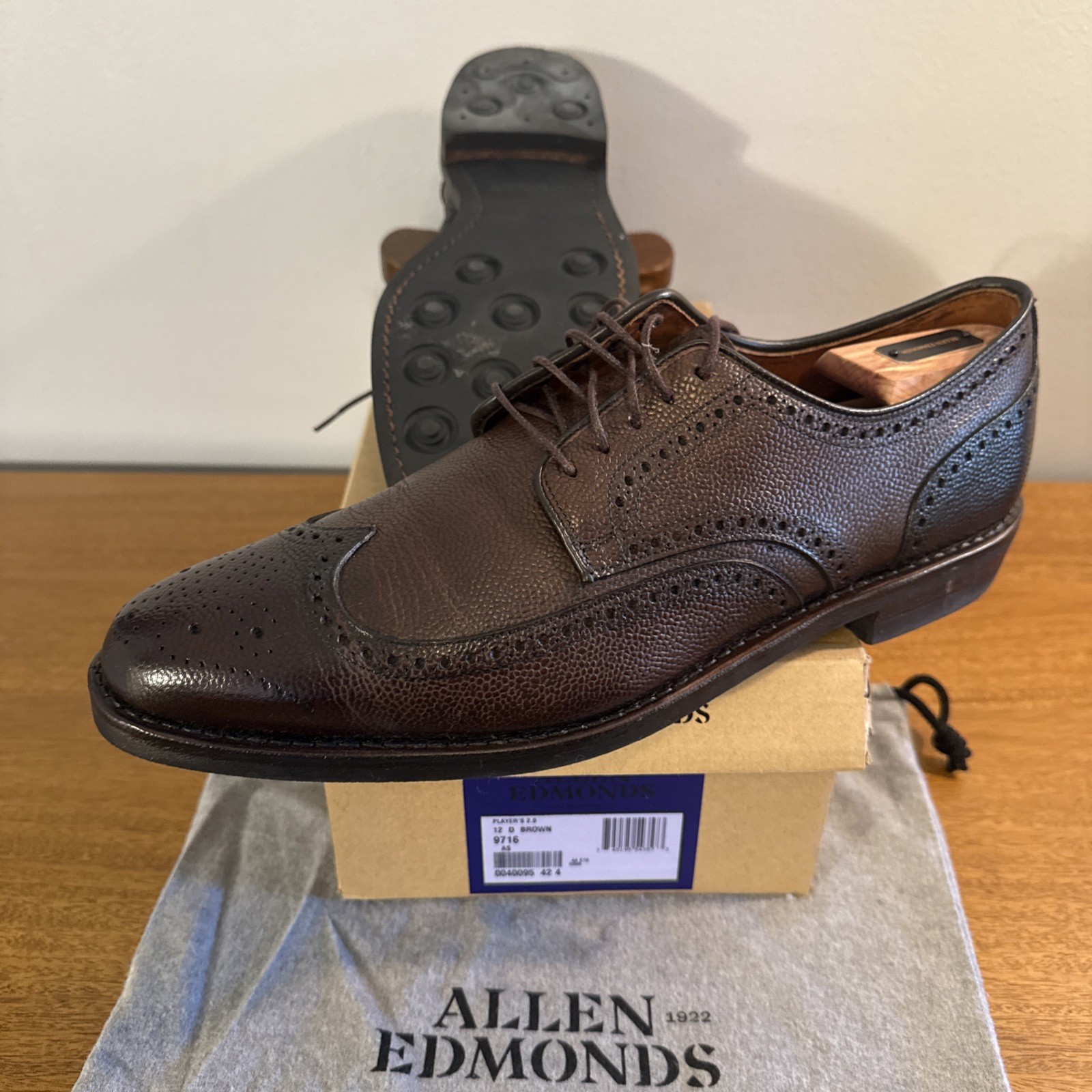 Allen Edmonds Player’s 2.0 Pebbled Brown Wingtip Dress Derby Men’s 12D Dainite