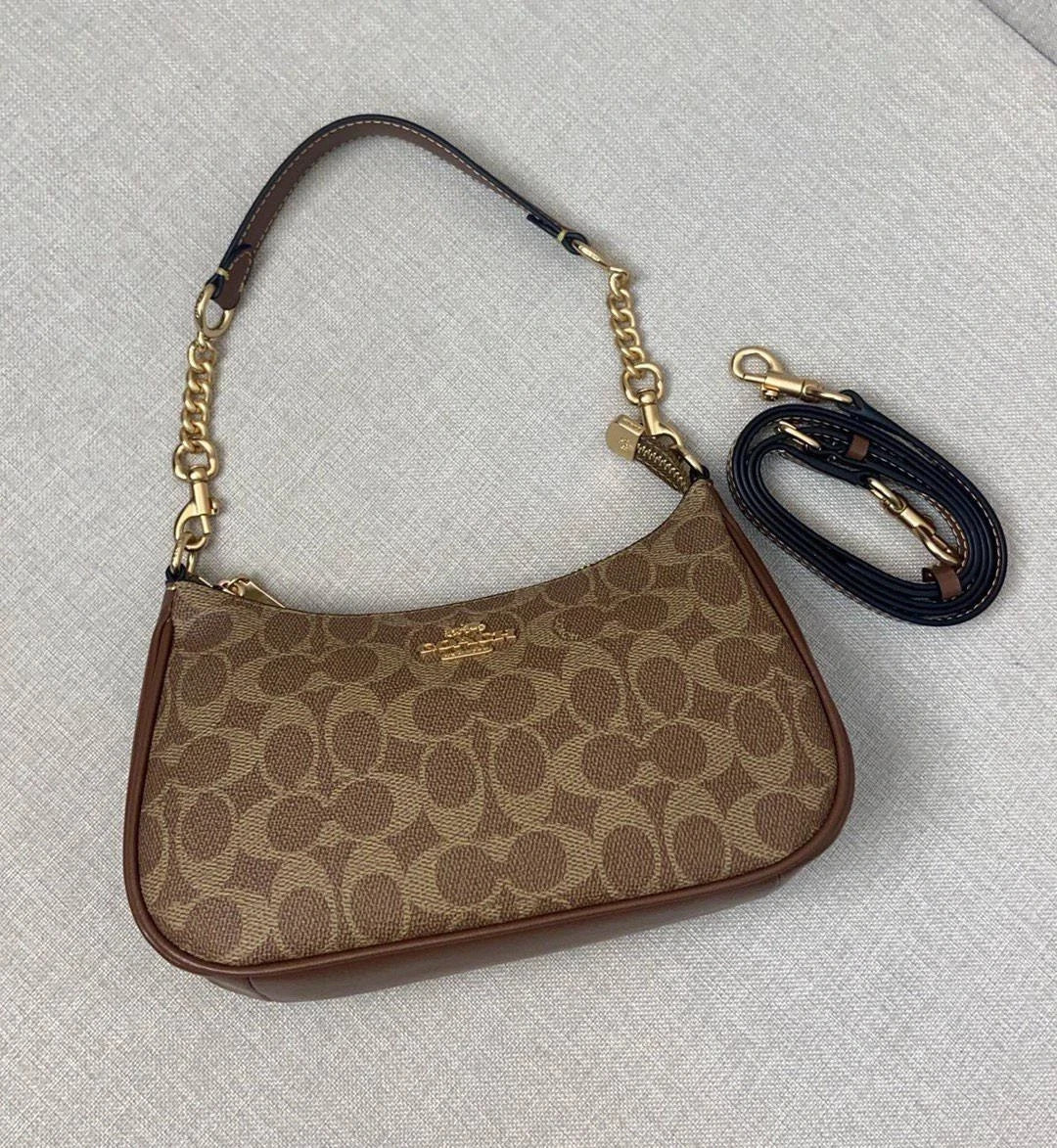 NWT Coach CV933 Teri Shoulder Bag In Signature Canvas Brown New Free Shipping