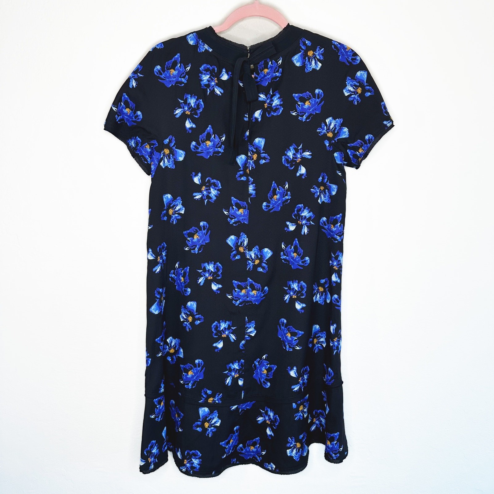 Proenza Schouler Floral Print Blue Black Tie Back Short Sleeve Mini Shift Dress