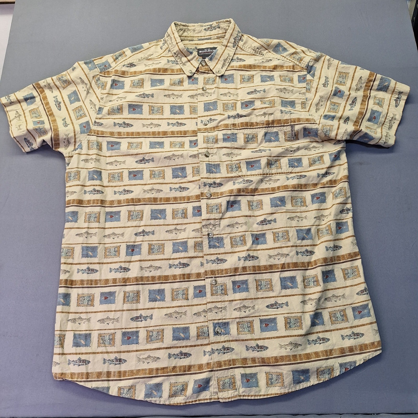 Woolrich Mens 2XLT Tall Cream Fish Stripe Fishing Shirt Short Sleeve Cotton 6643