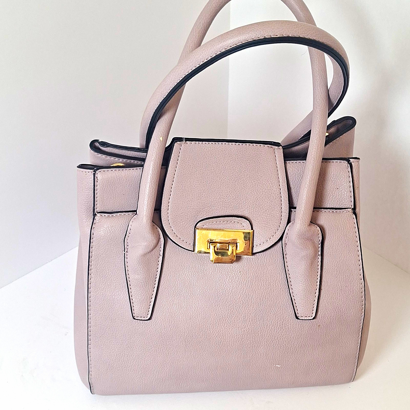 Beige Pebbled Satchel Top Handle Bag Gold Turn Lock Buckle Accent Solid