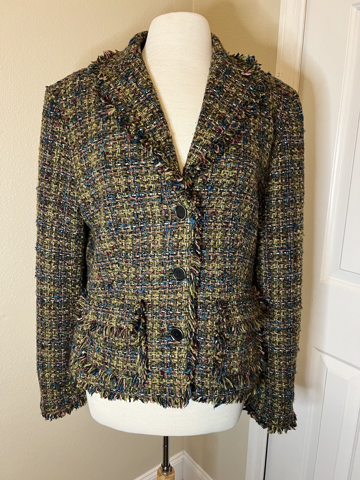 Jones New York Country Green Tweed Fringe Wool Blend Blazer Sz 12 Regency Button