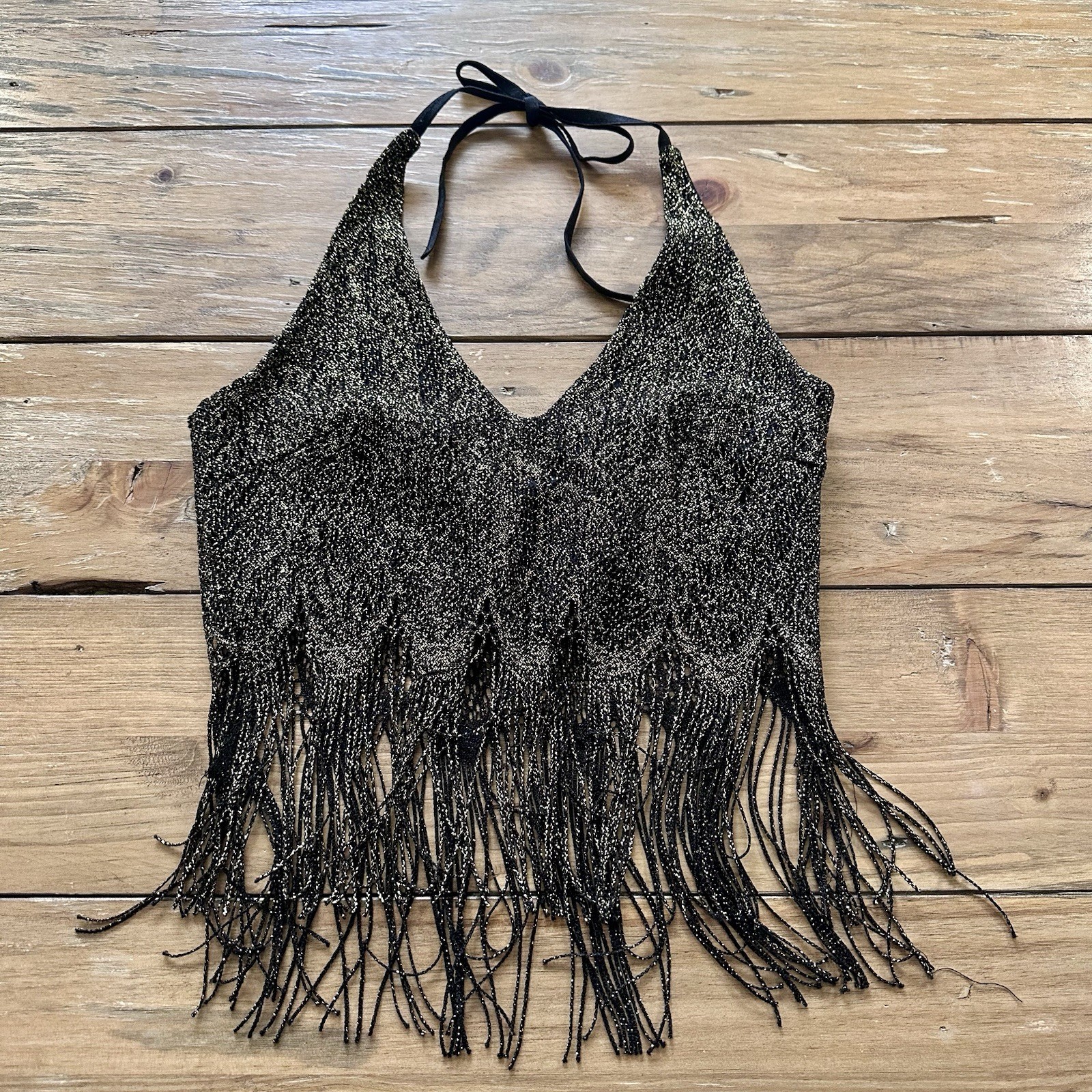 Xi Metallic Glitter Knit Halter Top Black Gold Fringe Tassel Festival Boho XS S