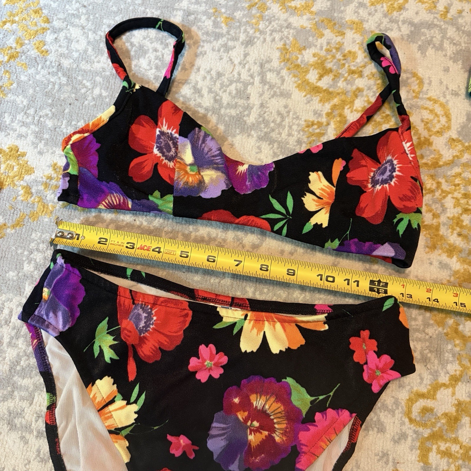 Vintage 1990s Black Neon Floral Bikini High Cut S/M