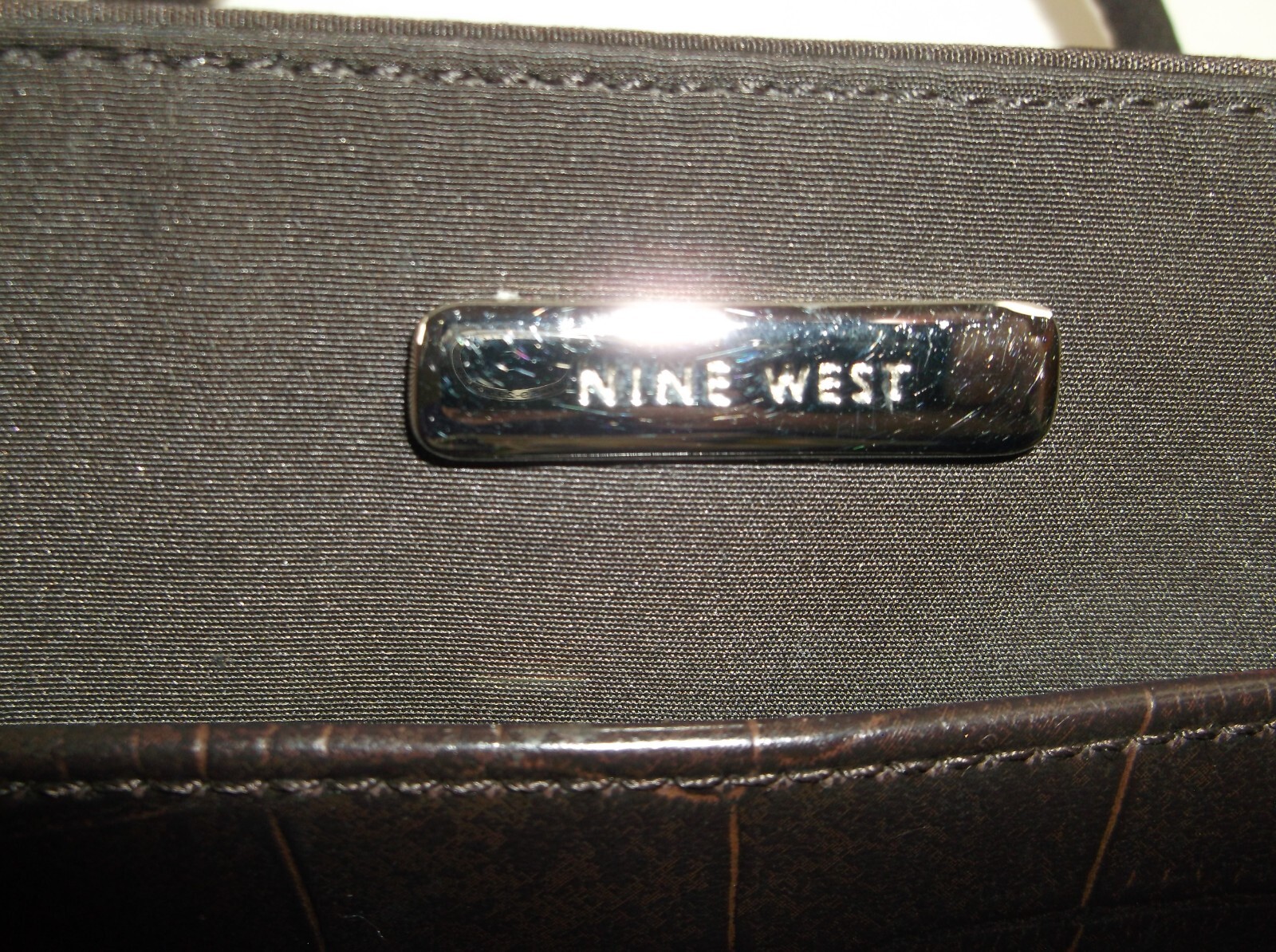 Nine West Crocodile Front Faux Leather/Nylon Brown Satchel Handbag NWOT