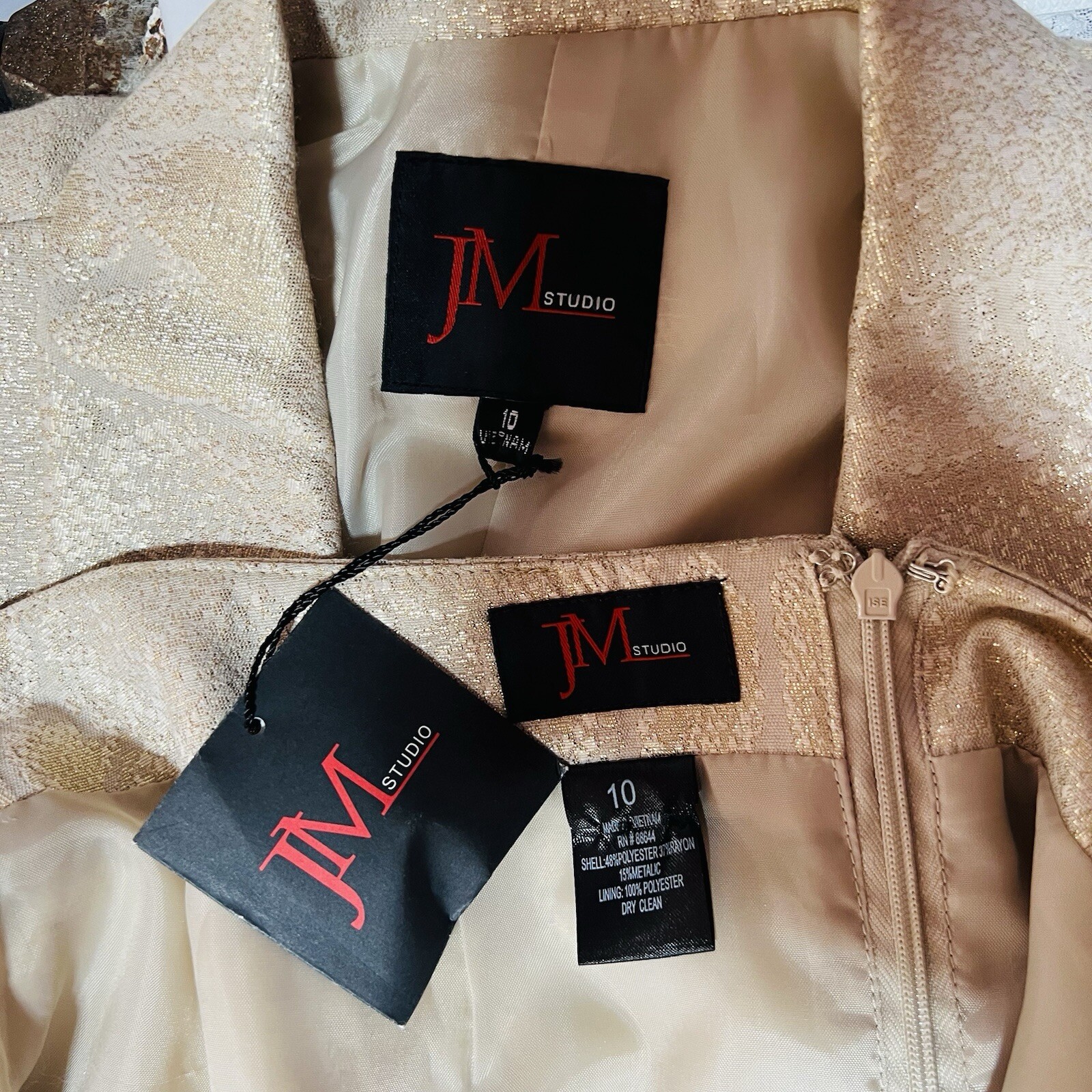 John Meyer Polyester Rayon Metallic Skirt Suit Size 10 Gold Floral Cocktail New