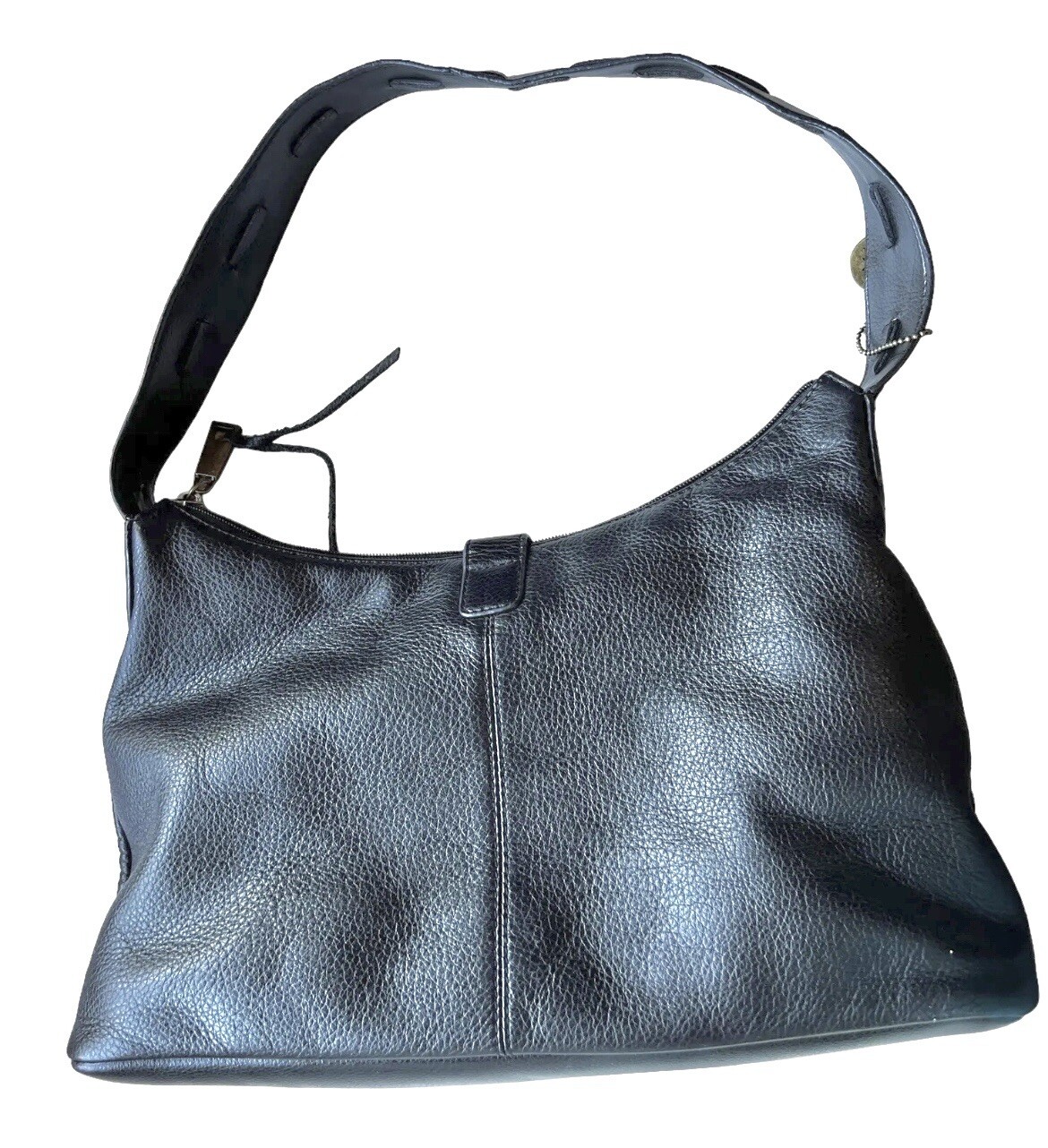 The Sak Handbag Logo Stitched Black Leather Zippered Pocket 10” Drop Handle