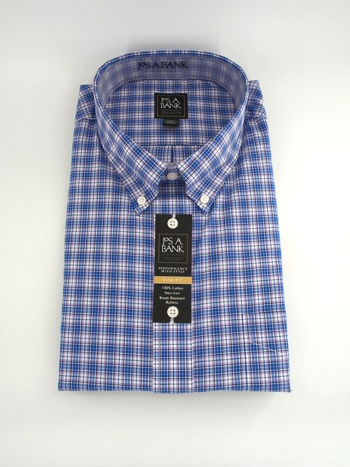 Jos A Bank Traveler Slim Fit XXL button down shirt non-iron purple/blue plaid